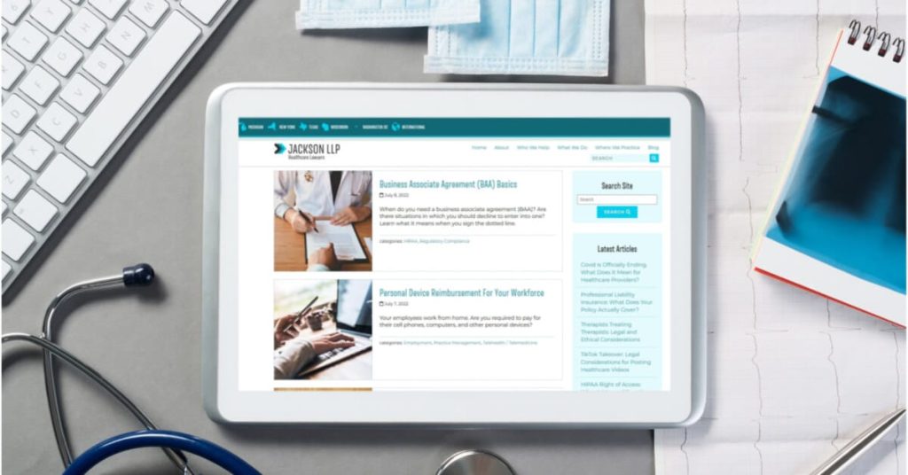 Tablet showing Jackson LLP Healthcare Lawyers Blog