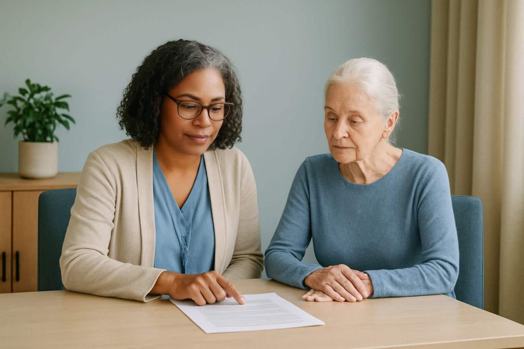Two women, a case manager and a patient, discussing paperwork.