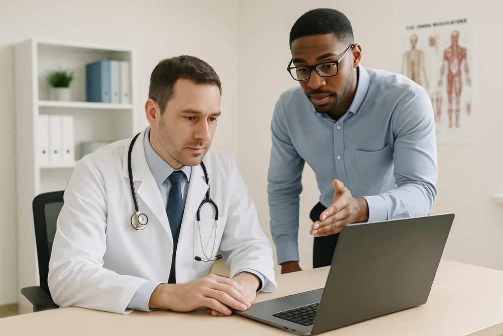 A physician and an IT professional looking at a laptop.