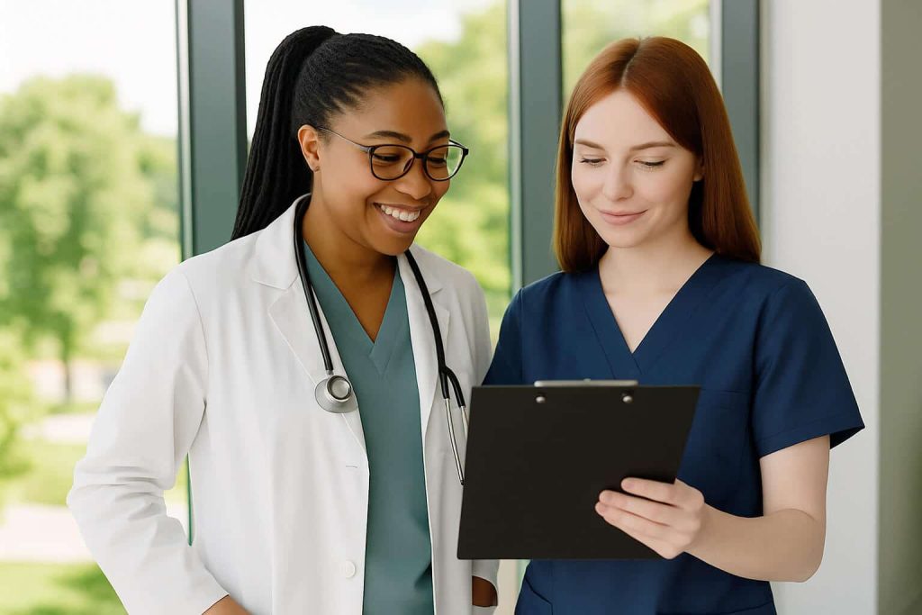 medical professionals looking at a clipboard
