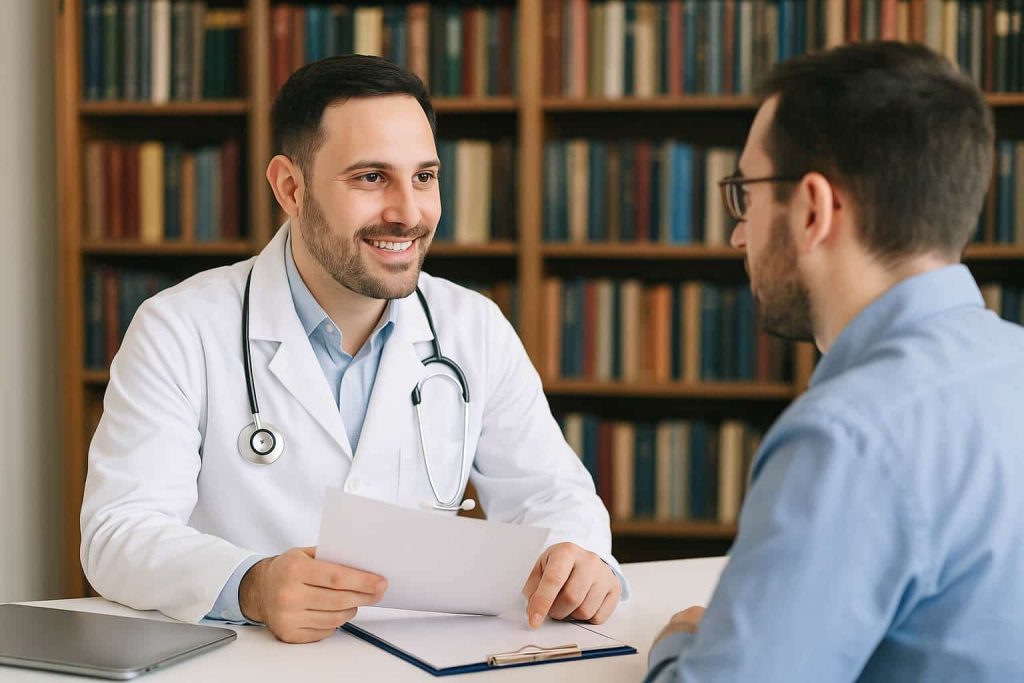 A physician at a desk talking to a new employee about benefits.