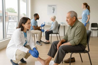 A doctor tending to a patient at a free diabetic foot screening clinic.