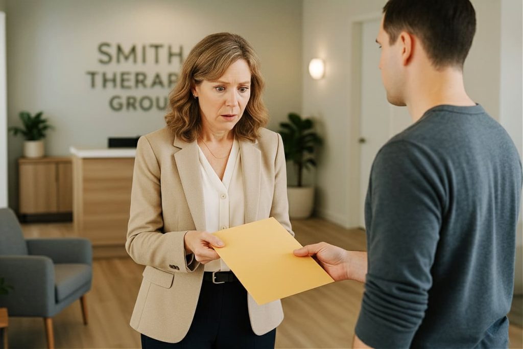 A therapist being served with a lawsuit